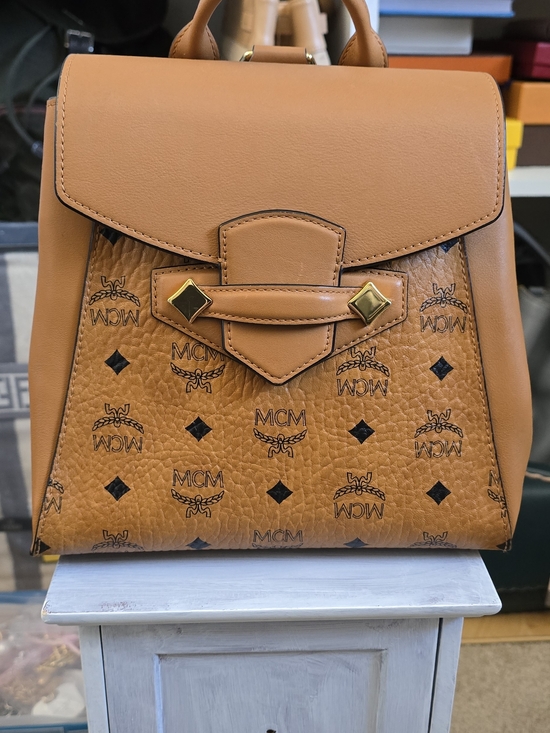 MCM Handbags - MCM Visetos Cognac Leather Mini Backpack - Cognac